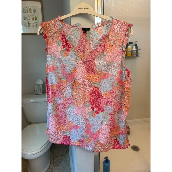 Talbots Tops - Talbots Plus 1X Floral Blouse Women's Cotton Pink Ruffle Sleeveless Top